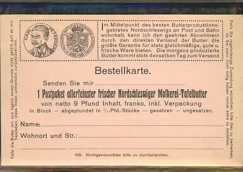 Schleswig Holstein H.J. Bossen Tafelbutter Molkerei Bestellkarte / Schleswig /Schleswig-Flensburg LKR