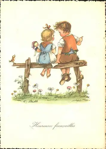 Kuenstlerkarte C. Staehle Verlobung Kinder Puppe Vogel  Kat. Kuenstlerkarte