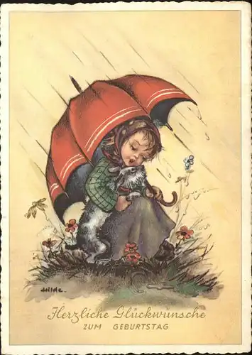 Kuenstlerkarte Hilde Geburtstag Kind Hund Regenschirm Regen Kat. Kuenstlerkarte