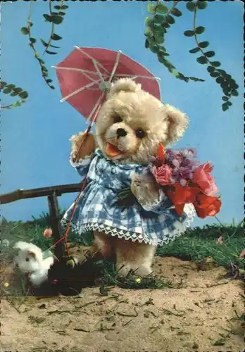 Teddy Teddybaer Teddy bear Sonnenschirm Hund Blumenstrauss Kat. Kinderspielzeug