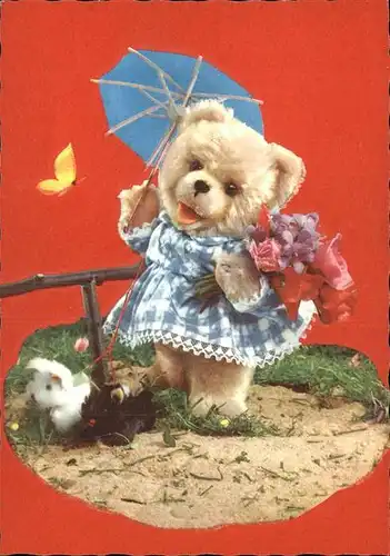 Teddy Teddybaer Teddy bear Hunde Schmetterling Blumenstrauss Sonnenschirm Kat. Kinderspielzeug