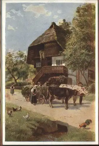 Hoffmann Heinrich Nr. 1221 Huehner Kuehe Schwarzwaldhaus Kat. Kuenstlerkarte