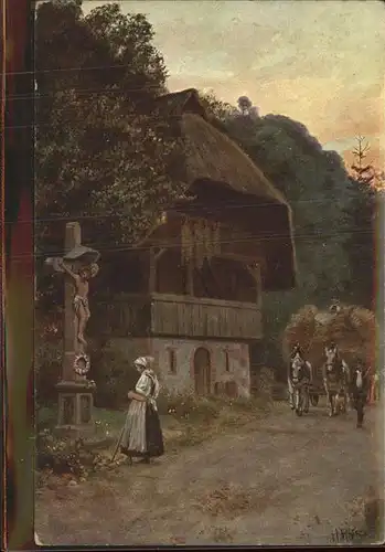 Hoffmann Heinrich Nr. 197 Heuwagen Pferde Ernte Schwarzwaldhaus Kat. Kuenstlerkarte