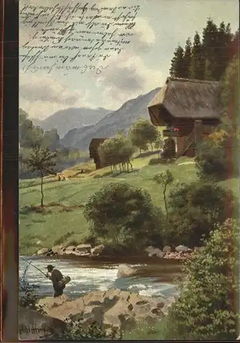 Hoffmann Heinrich Nr. 4 Wolfach Forellenangler Schwarzwaldserie II Kat. Kuenstlerkarte