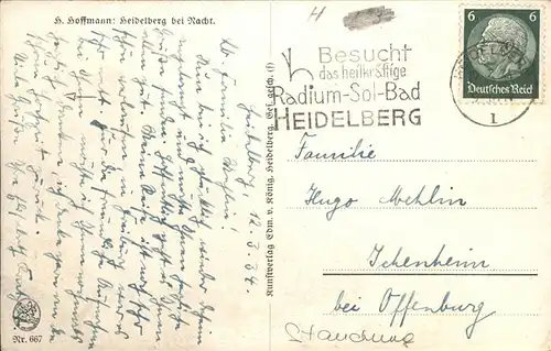 Hoffmann Heinrich Nr. 667 Heidelberg bei Nacht  Kat. Kuenstlerkarte