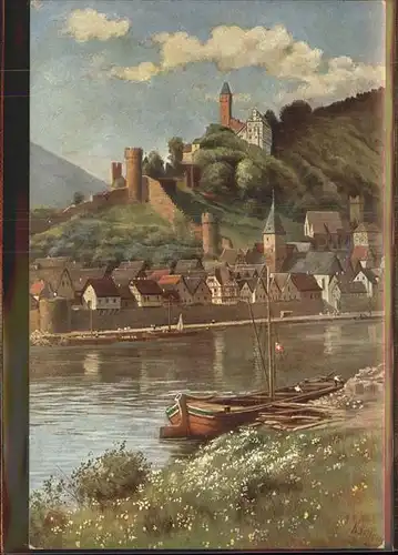 Hoffmann Heinrich Nr. 664 Hirschhorn am Neckar Segelboot Kat. Kuenstlerkarte