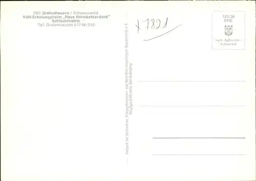 Grafenhausen Schwarzwald VdH Erholungsheim Haus Heimkehrerdank Schluechtmuehle Kat. Grafenhausen