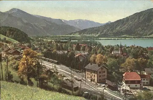 Tegernsee Panorama mit Setzberg Eisenbahn Kat. Tegernsee