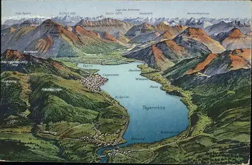 Tegernsee Panorama uebersichtskarte und Umgebung Hohe Tauern Karwendelgebirge Kat. Tegernsee
