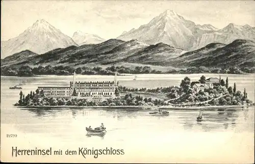 Chiemsee Herreninsel mit Koenigsschloss und Alpenblick Kat. Chiemsee