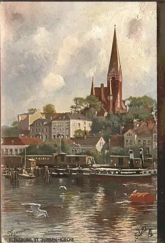 Verlag Tucks Oilette Nr. 6605 B Flensburg St. Juergen-Kirche Hafen Eisenbahn / Verlage /