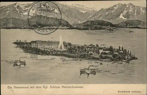 Chiemsee Herreninsel Koenigliches Schloss Herrenchiemsee Dampfer Stempel auf AK Kat. Chiemsee