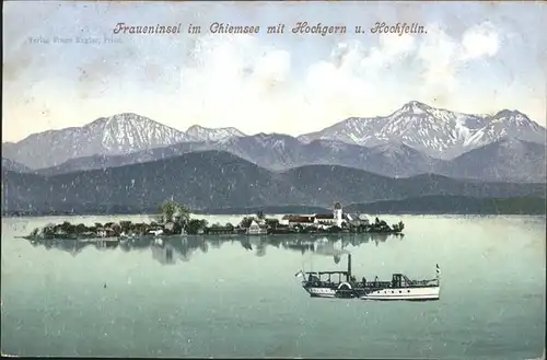 Fraueninsel Chiemsee Panorama mit Hochgern und Hochfelln Chiemgauer Alpen Dampfer Kloster Kat. Chiemsee