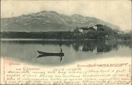 Chiemsee Herreninsel mit Kampenwand Chiemgauer Alpen Boot Kat. Chiemsee