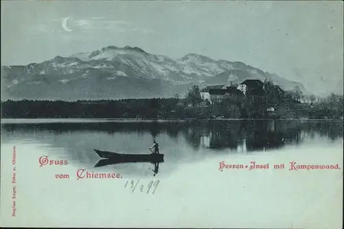 Chiemsee Herreninsel mit Kampenwand Chiemgauer Alpen Boot im Mondschein Kat. Chiemsee