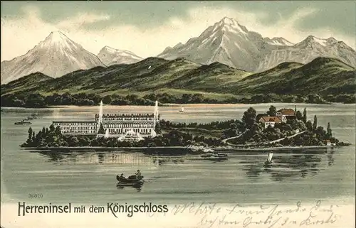 Chiemsee Herreninsel mit Koenigsschloss und Alpenblick Kat. Chiemsee