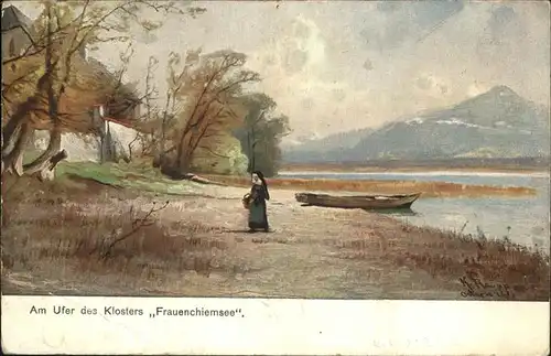 Fraueninsel Chiemsee Am Ufer des Klosters Frauenchiemsee Nonne Kuenstlerkarte Kat. Chiemsee