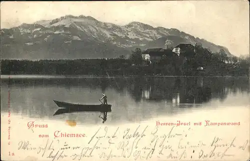 Chiemsee Herreninsel mit Koenigsschloss Kampenwand Chiemgauer Alpen Boot Kat. Chiemsee