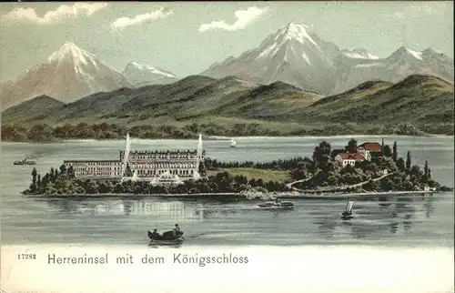 Chiemsee Herreninsel mit Koenigsschloss und Chiemgauer Alpen Kat. Chiemsee