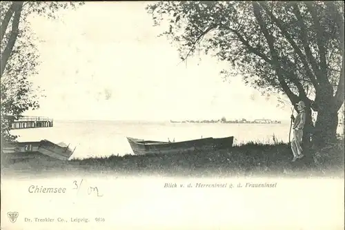 Chiemsee Blick von der Herreninsel zur Fraueninsel Seeufer Boot Landungssteg Kat. Chiemsee