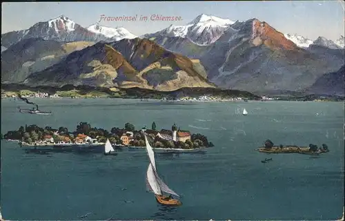 Fraueninsel Chiemsee mit Kloster Frauenwoerth Chiemgauer Alpen Segelboot Kat. Chiemsee