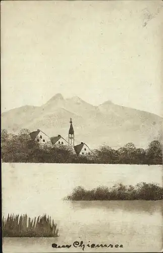 Chiemsee Partie am Seeufer Kirche Chiemgauer Alpen Kuenstlerkarte Kat. Chiemsee