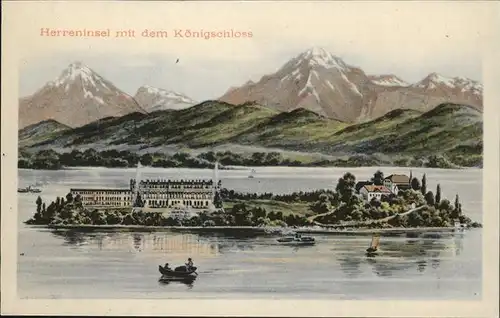 Prien Chiemsee Herreninsel mit Koenigsschloss Chiemagauer Alpen Kat. Prien a.Chiemsee