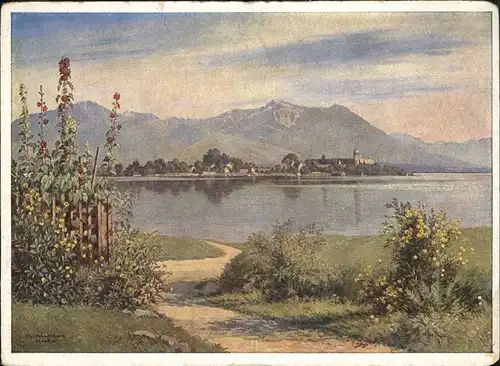 Fraueninsel Chiemsee Sommer am Chiemsee Kloster Frauenwoerth Chiemgauer Alpen Kuenstlerkarte M. Maertens Kat. Chiemsee