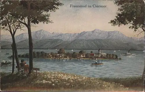 Fraueninsel Chiemsee am Seeufer Kloster Frauenwoerth Chiemgauer Alpen Kuenstlerkarte Kat. Chiemsee