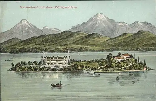 Prien Chiemsee Herreninsel mit Koenigsschloss Herrenchiemsee Chiemgauer Alpen Kat. Prien a.Chiemsee