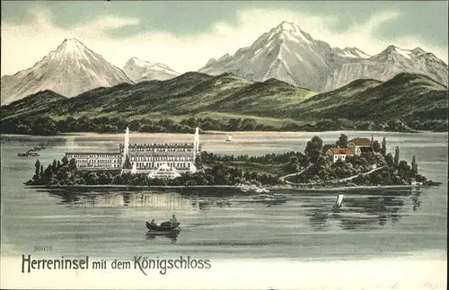 Prien Chiemsee Herreninsel Herrenchiemsee Koenigsschloss und Alpenblick Kat. Prien a.Chiemsee