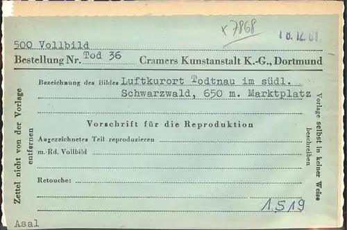 Todtnau Schwarzwald Marktplatz Reproduktionsvorschrift Kat. Todtnau