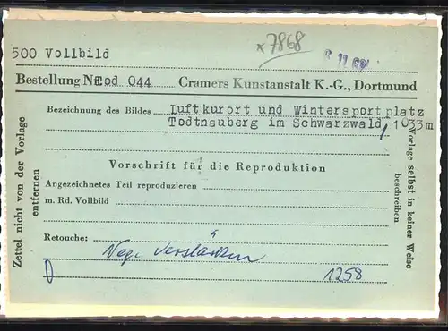 Todtnauberg Schwarzwald Reproduktionsvorschrift Kat. Todtnau