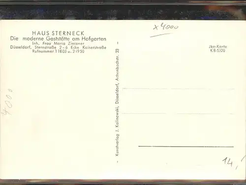 Duesseldorf Haus Sterneck Restaurant am Hofgarten Maria Ziesener Kat. Duesseldorf