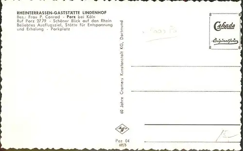 Porz Koeln Rheinterrassen-Gaststaette Lindenhof P.Conrad / Koeln /Koeln Stadtkreis