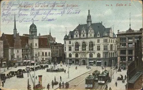Halle Saale Marktplatz mit altem und neuem Rathaus Strassenbahn Pferdekutschen Kat. Halle