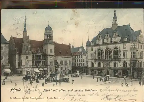 Halle Saale Markt mit altem und neuem Rathaus Pferdekutschen Kat. Halle