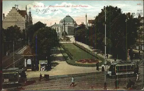 Halle Saale Alte Promenade mit Stadt Theater Strassenbahn Kat. Halle