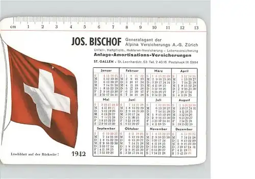 St Gallen SG Jahreskalender 1942 Jos. Bischof Alpina Versicherung Kat. St Gallen