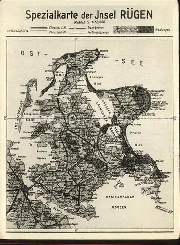 Insel Ruegen uebersichtskarte Spezialkarte mit Autostrassen und Eisenbahnen Kat. Bergen