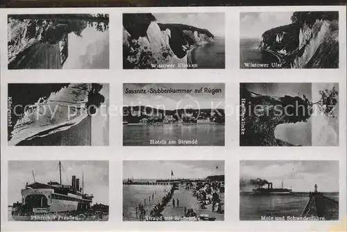 Stubbenkammer Ruegen Wissower Klinken Koenigsstuhl Kreidefelsen Hotels am Strand Faehrschiff Preussen Seebruecke Mole Schwedenfaehre Dampfer Kat. Sassnitz