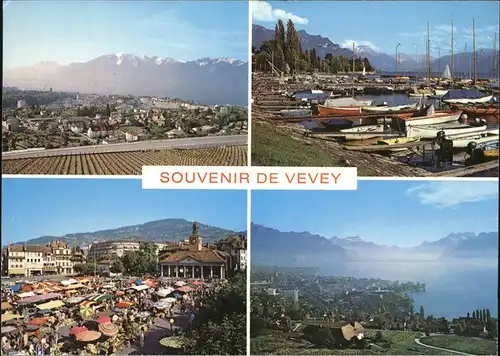 Vevey VD Le Port La Place du Marche La Ville et les Dents du Midi Kat. Vevey