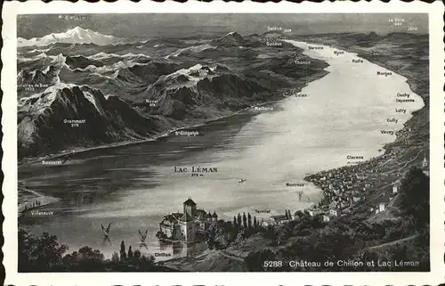 Chillon Chateau et Lac Leman et les Alpes uebersichtskarte Kat. Montreux