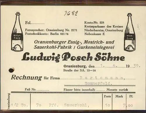 Oranienburg Ludwig Posch Soehne Rechng Kat. Oranienburg