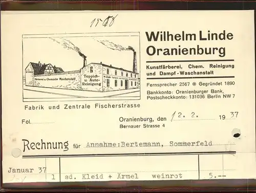 Oranienburg Fa Wilhelm Linde Rechng Kat. Oranienburg