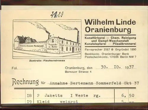 Oranienburg Fa Wilhelm Linde Rechng Kat. Oranienburg