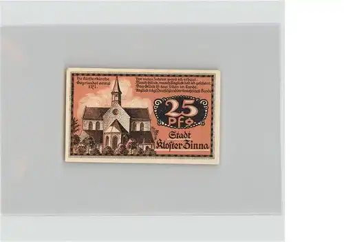 Kloster Zinna Gutschein 25 Pfennig Jubilaeums Notgeld Klosterkirche Kat. Jueterbog