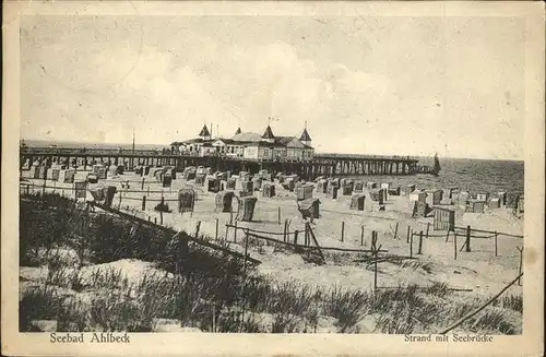 Ahlbeck Ostseebad Insel Usedom Strand mit Seebruecke Kat. Heringsdorf Insel Usedom