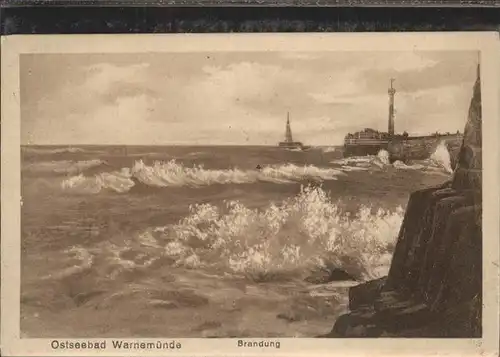 Warnemuende Ostseebad Brandung u.Leuchtturm Kat. Rostock