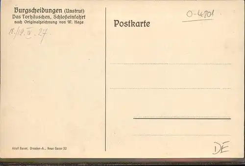 Burgscheidungen Torhaeuschen Schlosseinfahrt Huehner Kuenstlerkarte W.Hege Kat. Burgscheidungen